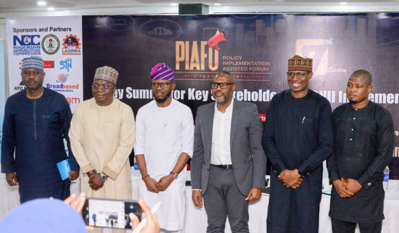 L-r: Associate Director, Government Relations, IHS Nigeria, Bond Abbe; Co-founder, Infratel Africa, Dr. Tola Yusuf; Group Chief Operating Officer, WTES Projects Limited, Chidi Ajuzie; President, Association of Telecommunications Companies of Nigeria (ATCON), Tony Emoekpere; National Chairman, Association of Licensed Telecom Operators of Nigeria (ALTON); Engr. Gbenga Adebayo; and Convener, Policy Implementation Assisted Forum (PIAFo), Omobayo Azeez at the seventh edition of PIAFo on Critical National Information Infrastructure (CNII) Order Implementation held on Thursday in Lagos.