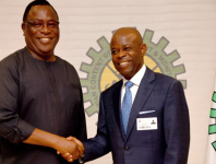 Executive Secretary Nigerian Content Development and Monitoring Board (NCDMB), Engr. Felix Omatsola Ogbe and Deputy Managing Director, Chevron Nigeria Limited, Mr. Cosmas Iwueze after the visit of Chevron officials to the Nigerian Content Tower, Yenagoa, Bayelsa State on Friday.