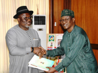 *  Delta State Governor, Rt. Hon. Sheriff Oborevwori (L) and Alhaji Hamisu Lawal, NDLEA's Assistant Commandant General (Narcotics) and Director of Administration and Establishment (R).