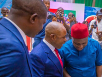 *  R-L: 2023 Labour Party Governorship Candidate in Enugu State, Hon. Chijioke Edeoga and the Enugu State Governor, Dr Peter Mbah (middle) in a handshake at a public function.