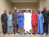* GOCOP Officials during a courtesy call on the new Minister of Information on Tuesday in Abuja. L-R: GOCOP Vice President (South), Ken Ugbechie; GOCOP Vice President (North), Tom Chiahemen; Abuja GOCOP member, Tajudeen Abdulkarim; GOCOP National President, Maurene Chigbo; Minister of information, Alhaji Mohammed Idris Malagi; GOCOP General Secretary, Collins Edomaruse; GOCOP Deputy National President, Danlami Nmodu, Mni, and GOCOP's former National President, Dotun Oladipo.