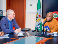 Governor Otti speaking during the meeting with UN Habitat, West Africa Portfolio Manager, Matthias Spaliviero.