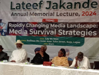 L-R: Sam Amuka Pemu (Publisher of Vanguard Newspapers), Nduka Obaigbena (THISDAY Newspaper & ARISE NEWS TV Chairman), General Ike Nwachukwu (retd), Lateef Jakande's Wife and Mallam Ali M. Ali (Managing Director, News Agency of Nigeria, NAN) at the Jakande Memorial Lecture at Radisson Blu Hotel, Ikeja,.Lagos on Tuesday, July 30, 2024.