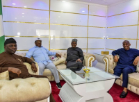 L-R: Retired Col. Agbu Kefas (Governor of Taraba State); Engr Dave Nweze Umahi (Minister of Works); Alhaji Aliko Dangote (Billionaire industrialist and President, Dangote Group) and Hon. Ndudi Elumelu, when they visited Umahi in his office in Abuja.