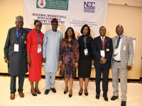 *  L-R: Prof. Kayode Adebowale, Vice Chancellor, University of Ibadan; Prof. Bola Oboh, Deputy Vice Chancellor, Academics & Research, University of Lagos; Prof. Adeolu Akande, Board Chairman, Nigerian Communications Commission (NCC); Ms. Josephine Amuwa, Director, Legal and Regulatory Services, NCC; Prof. Adenike Oladeji, Vice Chancellor, Federal University of Technology, Akure; Prof. Owunari Gengewill, Vice Chancellor, University of Port Harcourt; and Prof. Kolawole Ajanaku, Director, Research, Covenant University, during a two-day Regional Roundtable with the Academia, Industry and other Stakeholders by the NCC which commenced in Lagos on Wednesday, August 3, 2022.  