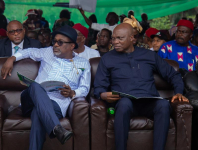 Engr. Simbi Kesiye Wabote, the Executive Secretary of Nigerian Content Development and Monitoring Board, NCDMB (left) and Mr. Osagie Okunbor, the Managing Director of SPDC and Chairman of Shell Companies in Nigeria, at the groundbreaking of Abia Industrial Innovation Park (AIIP), Owaza, in Ukwa West Local Government Area of the State on Saturday.