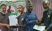 Dr Ike Neliaku, NIPR President (right in both pictures) being received during the visits by the NUJ National President, Chief Chris Isiguzo (left on picture left) and GOCOP Deputy President, Mr Danlami Nmodu (left on picture right).