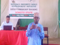  Mr Mushood Lawal, speaking at the one day National Business Skills Development Initiative Entrepreneurship Training for 90 participants in Sokoto by SMEDAN. Photo: Ankeli Emmanuel.