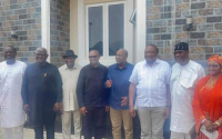 *  (L-R): Former Burkinabe Prime Minister and President of the Economic Community of West African States, Kadre Ouedraogo; Ex-President Ernest Bai Koroma of Sierra Leone (2nd left), Dr Goodluck Ebele Jonathan; Peter Obi; John Mahama of Ghana, Uhuru Kenyatta of Kenya, Boni Yayi of Benin Republic and former Vice President of Gambia,  Fatoumata Jallo Tambajang, during their visit to Peter Obi on Tuesday.