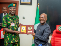 Abia State Governor, Dr Alex Otti (right) presents a plaque to the visiting Nigeria's Chief of Army Staff, Lt. Gen. Taoreed Lagbaja (left) on Thursday.