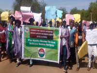 *  Protesting students' stakeholders, CSOs and members of UDUS- ASUU in Sokoto, heading to the Senate building where they submitted letter to the VC for onward delivery to President Muhammadu Buhari". Photo by: Ankeli Emmanuel