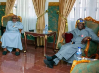 President Bola Ahmed Tinubu (sitting right) and late Ondo Governor, Rotimi Akeredolu, SAN (sitting left) when Tinubu visited him in Abuja.